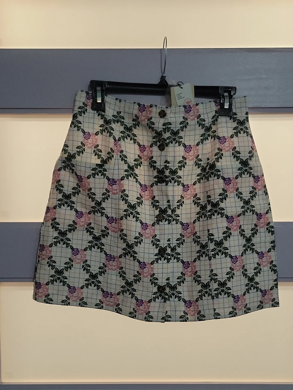 Button-Front Floral Plaid Mini Skirt - Pink/Green